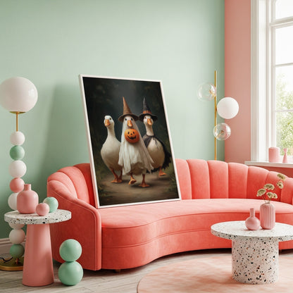 Halloween goose print with witch and ghost costumes styled in a pastel maximalist living room