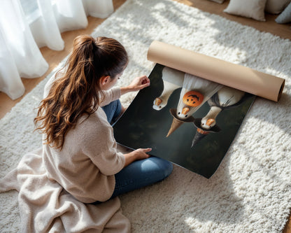 Large funny Halloween geese wall art displayed in a bright modern dining room