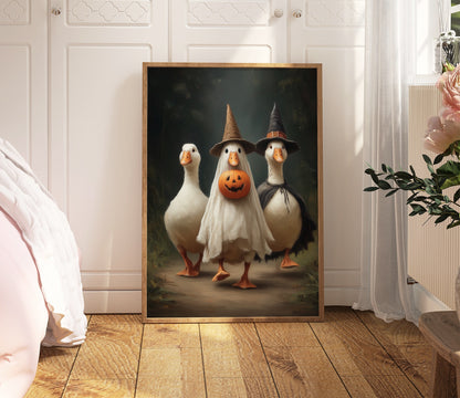 Halloween geese maximalist wall art displayed upright in a light wood frame in a bright interior