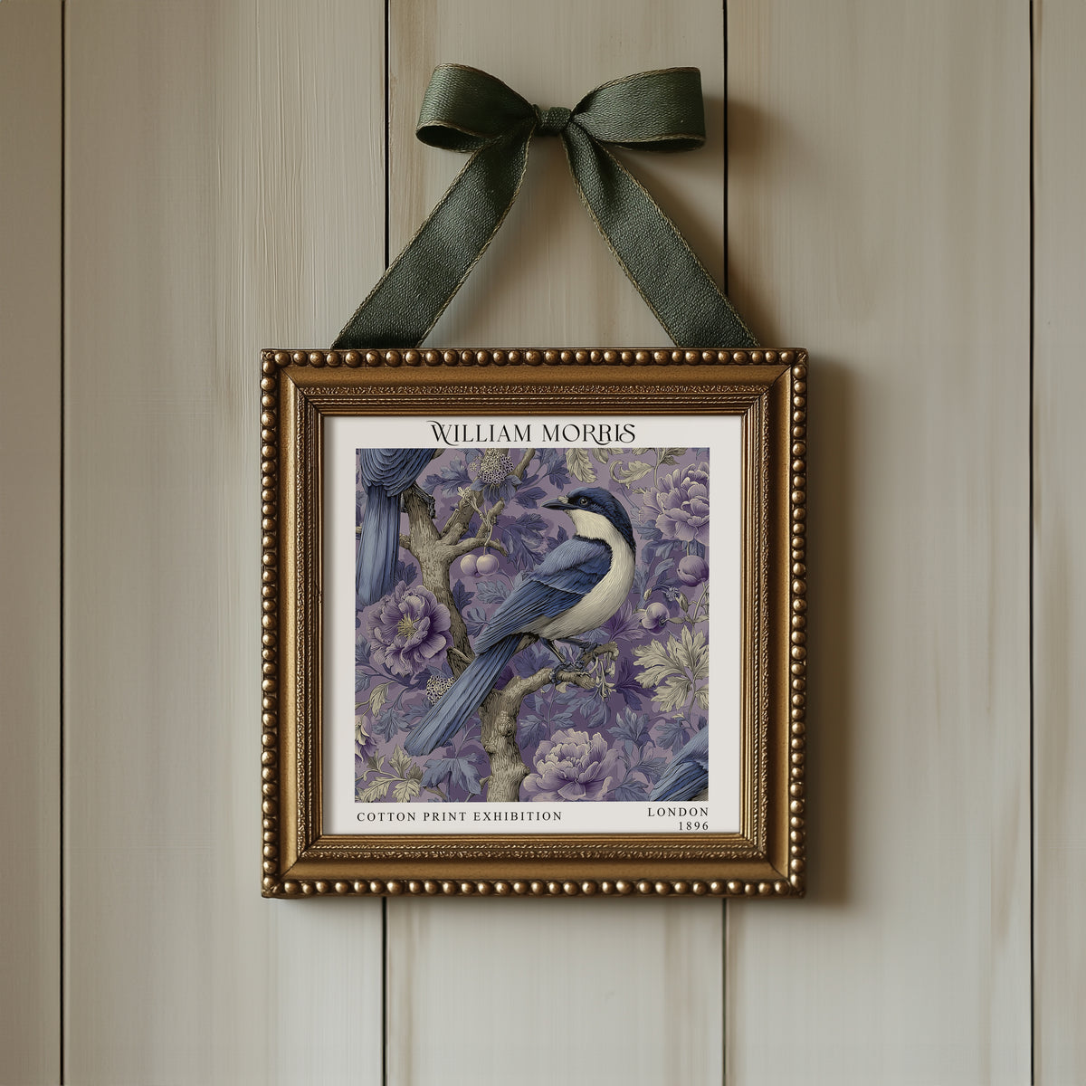 William Morris Style Blue Bird Print – Purple Floral Square Wall Art