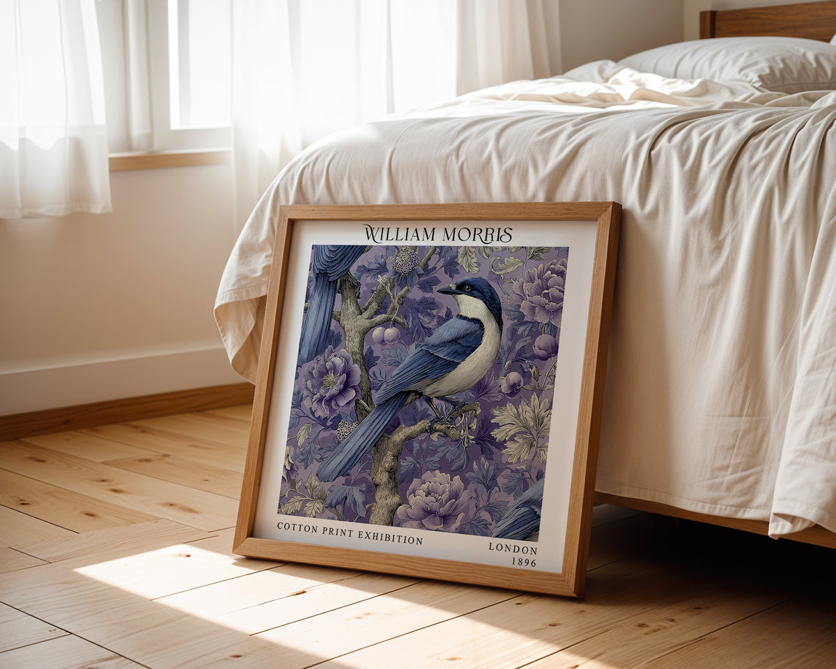 William Morris Style Blue Bird Print – Purple Floral Square Wall Art