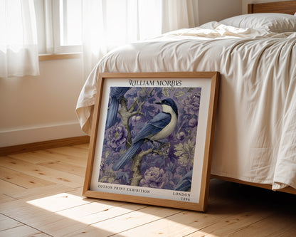 William Morris Style Blue Bird Print – Purple Floral Square Wall Art