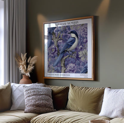 William Morris Style Blue Bird Print – Purple Floral Square Wall Art