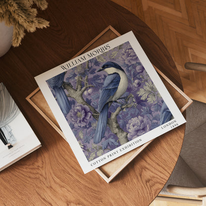 William Morris Style Blue Bird Print – Purple Floral Square Wall Art
