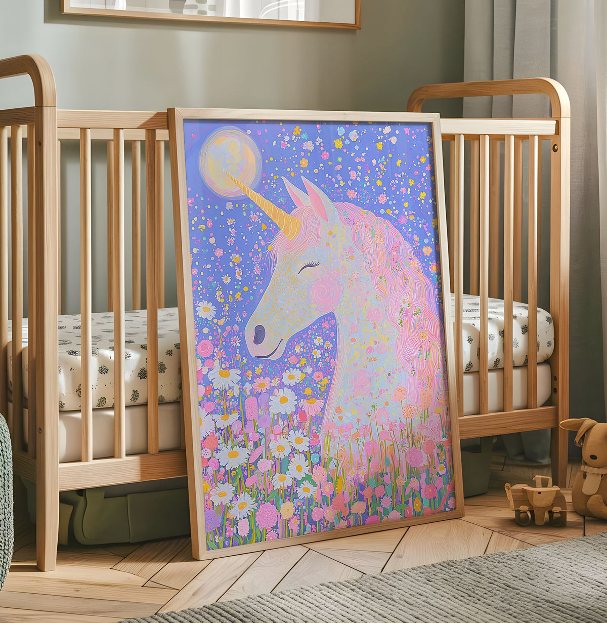 Colourful floral unicorn nursery wall art print in wooden frame