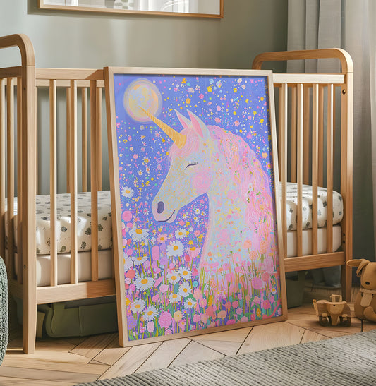 Colourful floral unicorn nursery wall art print in wooden frame
