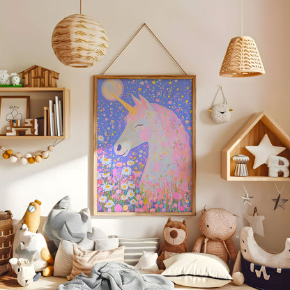 Floral unicorn nursery wall art in a warm neutral kids bedroom