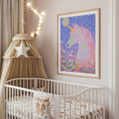 Pastel unicorn nursery print with flowers displayed above a cot