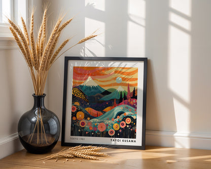 Yayoi Kusama Inspired Mount Fuji Sunset Print | Orange Japanese Landscape Wall Art
