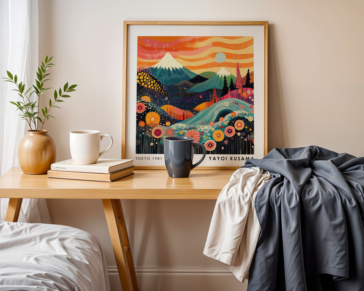 Yayoi Kusama Inspired Mount Fuji Sunset Print | Orange Japanese Landscape Wall Art