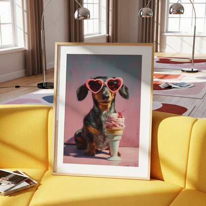 Dachshund heart sunglasses and ice cream wall art displayed in a light wood frame on a yellow sofa