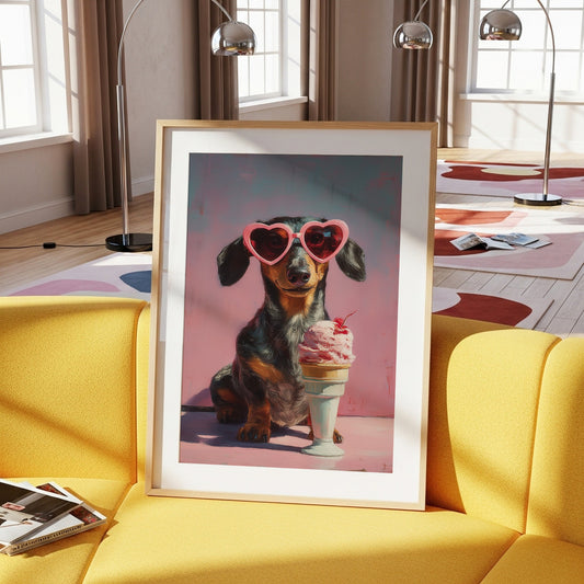 Dachshund heart sunglasses and ice cream wall art displayed in a light wood frame on a yellow sofa