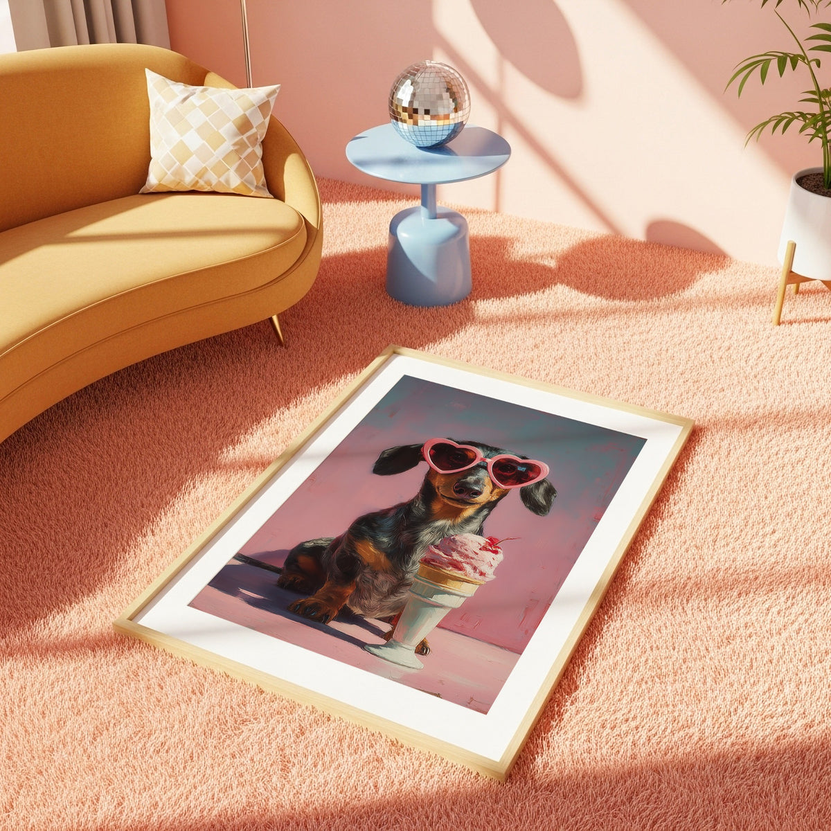 Dachshund heart sunglasses print styled in a colourful maximalist room on a soft pink rug