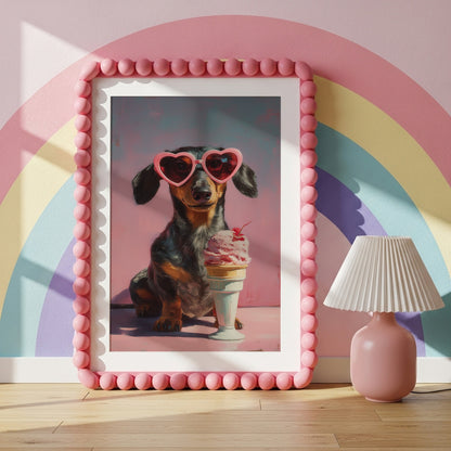 Quirky dachshund and ice cream wall art in a pink bubble frame against a colourful rainbow wall