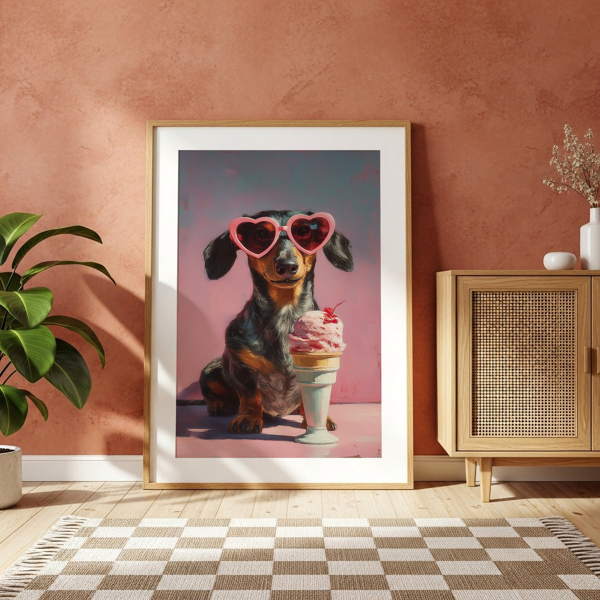 Dachshund in heart sunglasses maximalist print displayed in a light wood frame against a warm terracotta wall