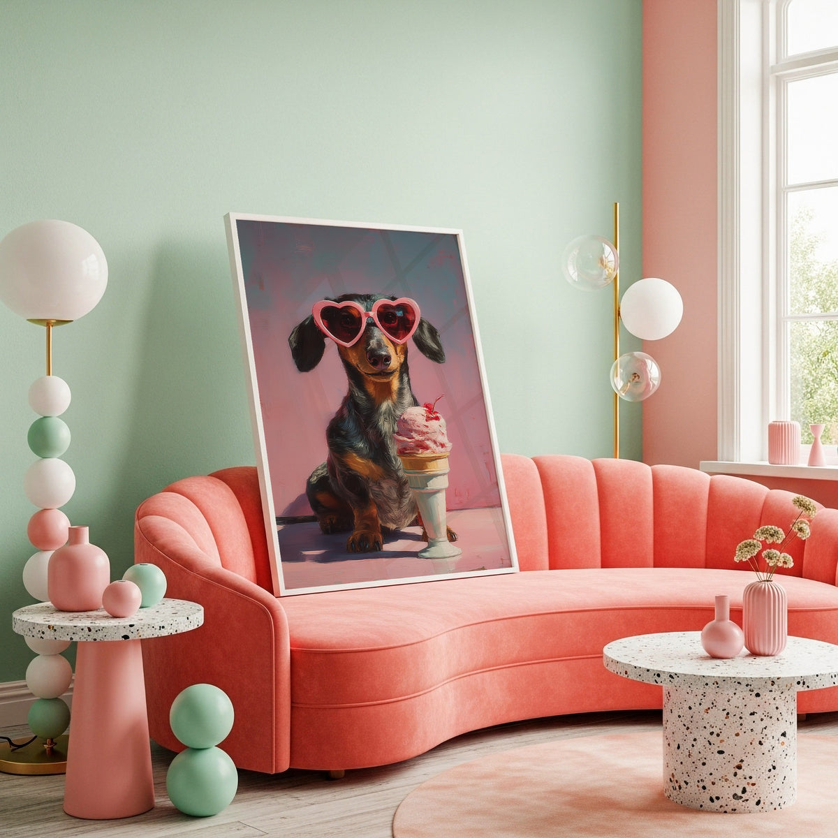 Colourful dachshund heart sunglasses and ice cream print styled in a pastel maximalist living room