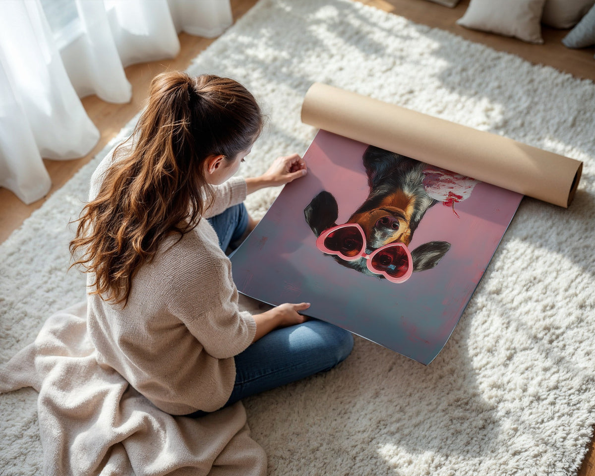 Dachshund heart sunglasses wall print shown as a large unframed poster being handled for display