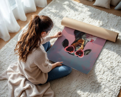 Dachshund heart sunglasses wall print shown as a large unframed poster being handled for display