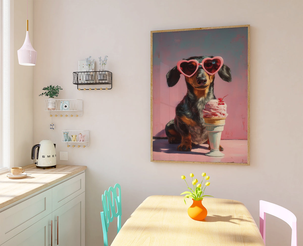 Large dachshund heart sunglasses and ice cream maximalist wall art displayed in a bright modern dining room