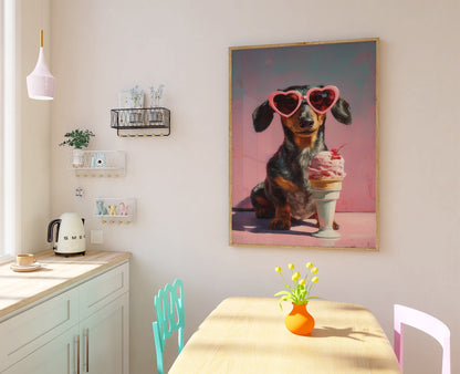 Large dachshund heart sunglasses and ice cream maximalist wall art displayed in a bright modern dining room