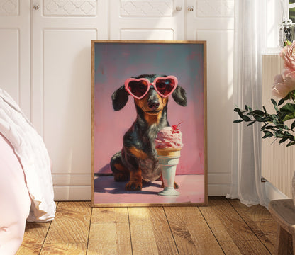 Dachshund heart sunglasses and ice cream maximalist print displayed upright in a light wood frame in a bright bedroom