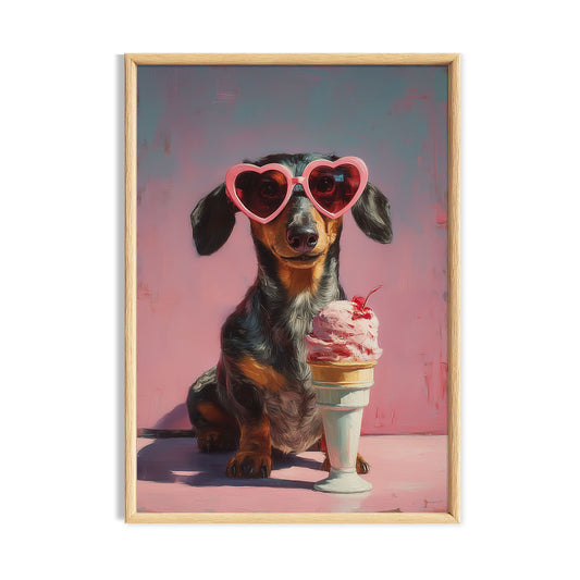 Quirky dachshund wearing pink heart-shaped sunglasses beside a pink ice cream sundae on a soft pink background