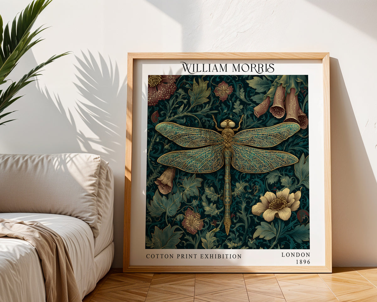 William Morris Style Dragonfly & Floral Print – Dark Teal Square Wall Art