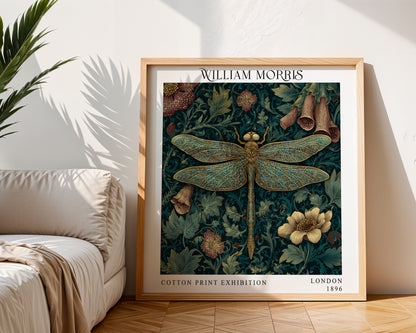 William Morris Style Dragonfly & Floral Print – Dark Teal Square Wall Art