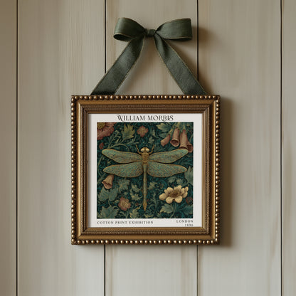 William Morris Style Dragonfly & Floral Print – Dark Teal Square Wall Art