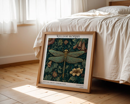 William Morris Style Dragonfly & Floral Print – Dark Teal Square Wall Art