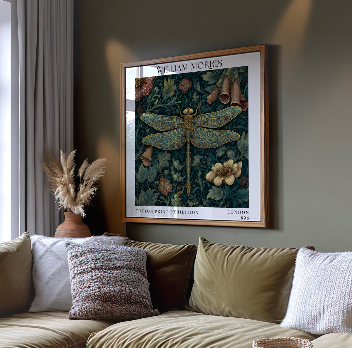 William Morris Style Dragonfly & Floral Print – Dark Teal Square Wall Art