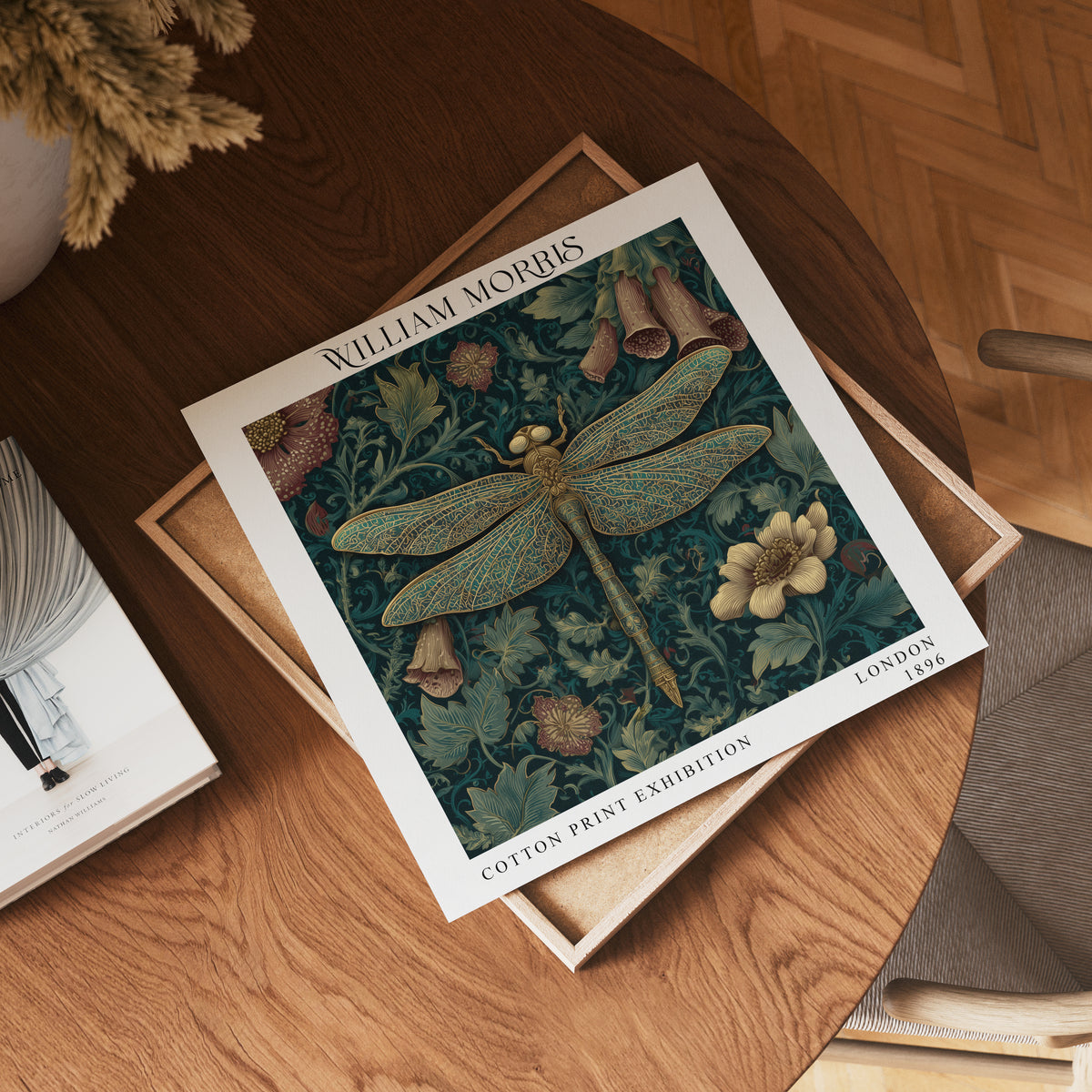 William Morris Style Dragonfly & Floral Print – Dark Teal Square Wall Art