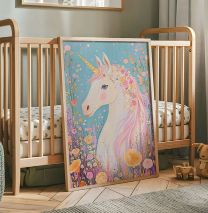 Floral unicorn nursery wall art print with turquoise blue background