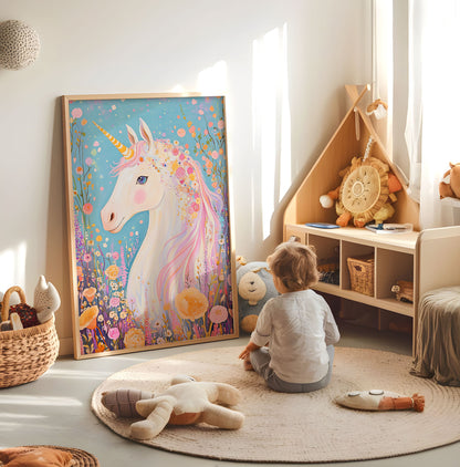 Pastel floral unicorn nursery print displayed in a bright child's room