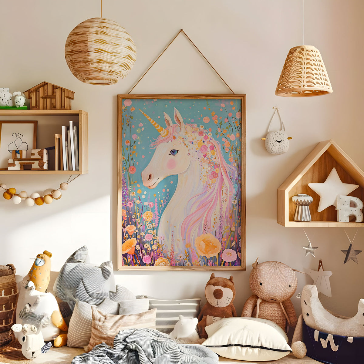 Colourful unicorn and flower nursery wall art in a warm kids bedroom