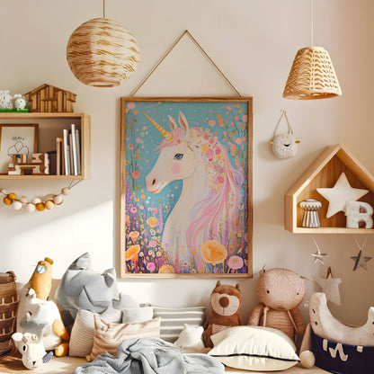 Colourful unicorn and flower nursery wall art in a warm kids bedroom