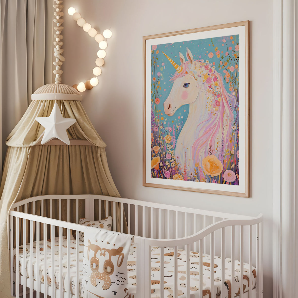 Turquoise floral unicorn nursery print displayed above a cot