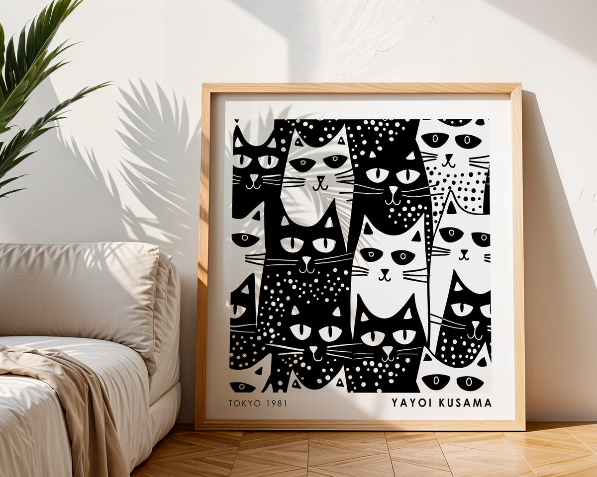 Yayoi Kusama Inspired Black White Cat Pattern Print | Japanese Graphic Wall Art