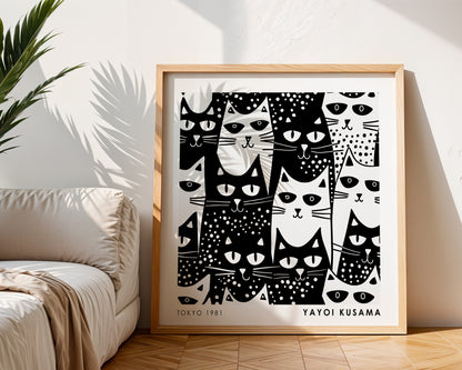 Yayoi Kusama Inspired Black White Cat Pattern Print | Japanese Graphic Wall Art