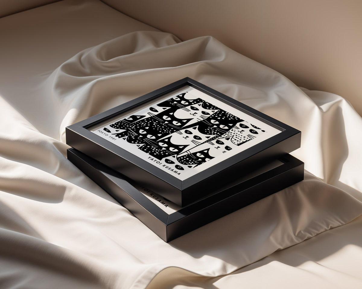 Yayoi Kusama Inspired Black White Cat Pattern Print | Japanese Graphic Wall Art