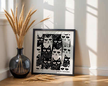 Yayoi Kusama Inspired Black White Cat Pattern Print | Japanese Graphic Wall Art