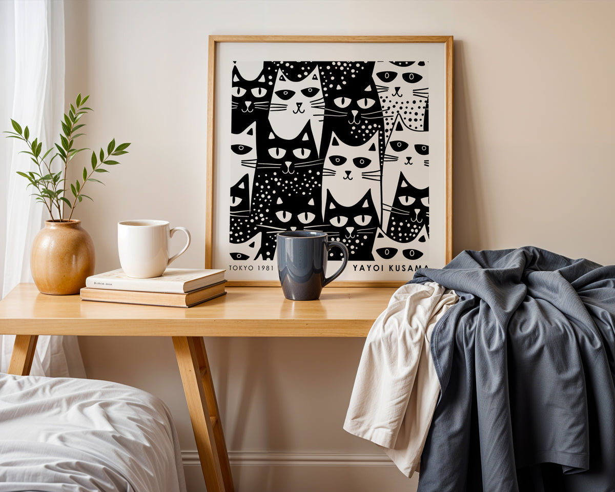 Yayoi Kusama Inspired Black White Cat Pattern Print | Japanese Graphic Wall Art