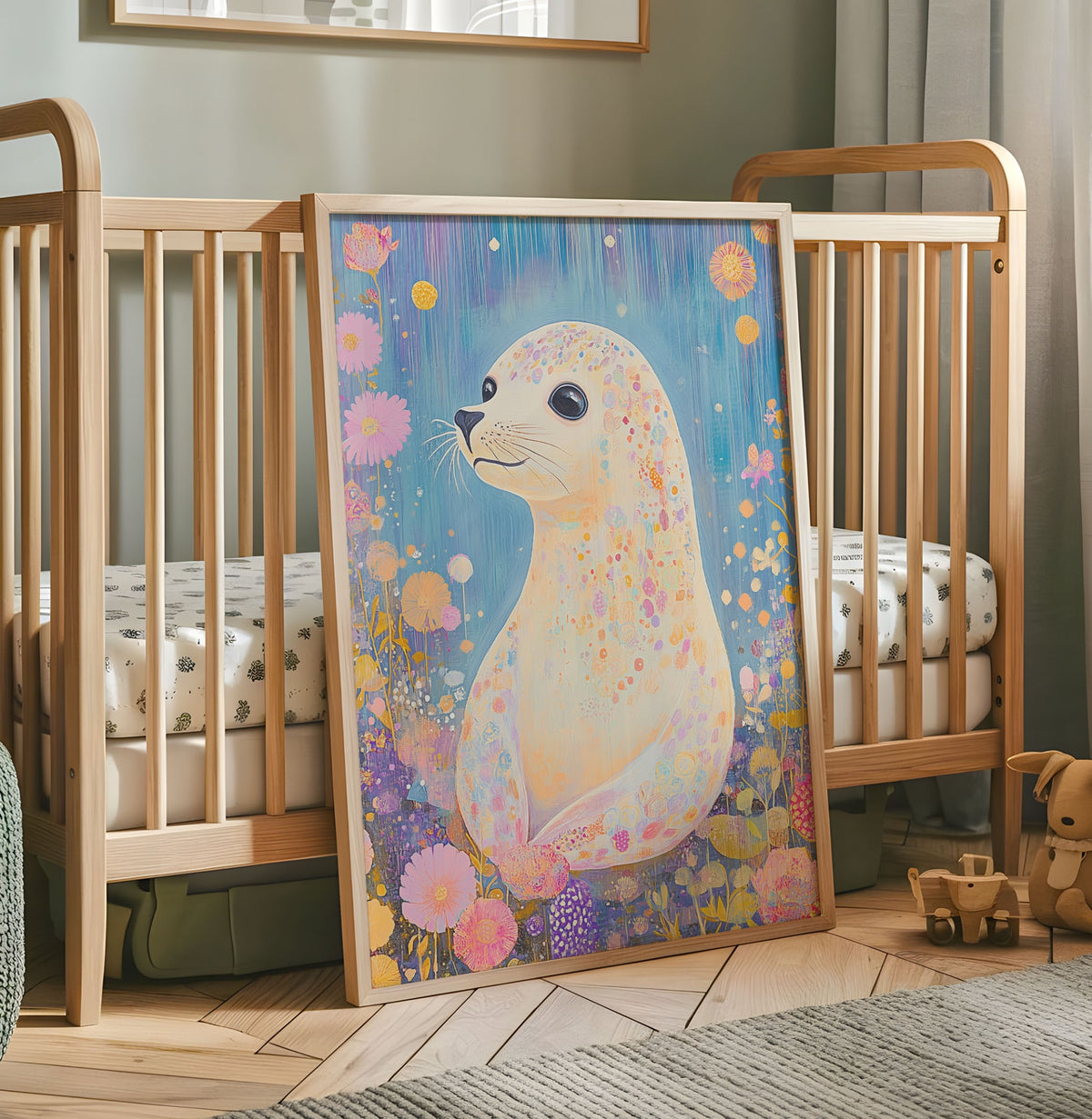 Cute floral seal nursery wall art print with blue background