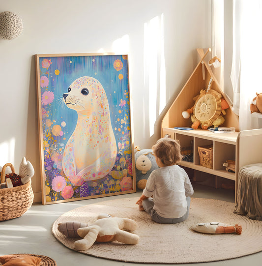 Colourful seal nursery print displayed in a bright child's room