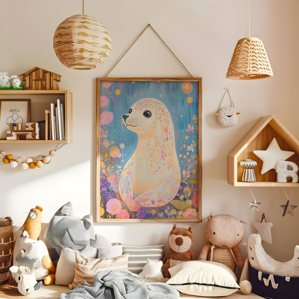 Floral baby seal wall art in a warm neutral nursery