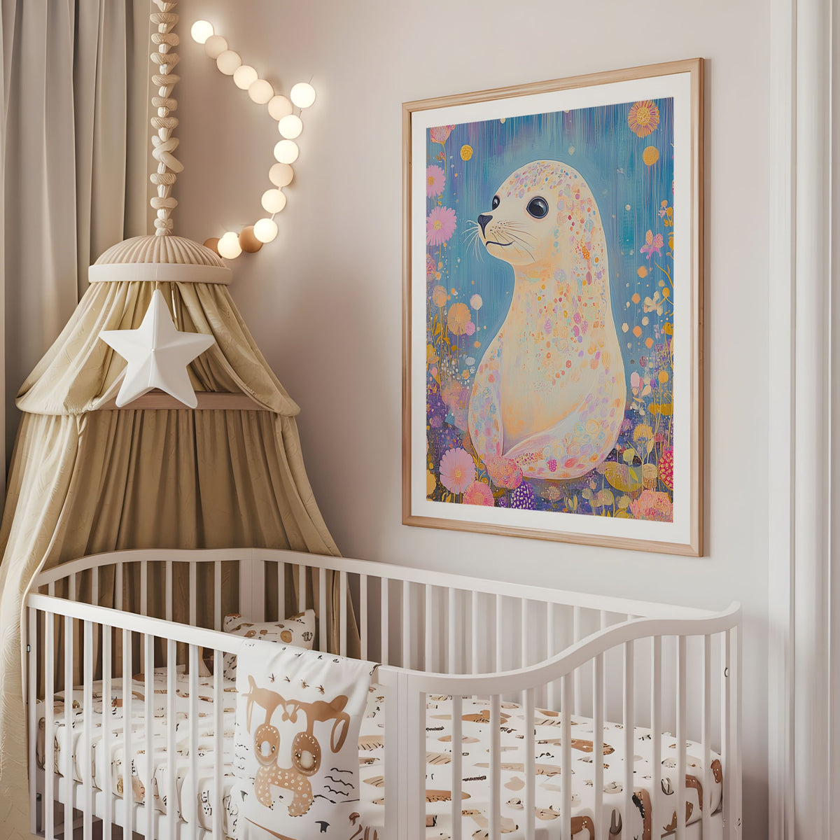 Pastel seal nursery wall art print displayed above a cot