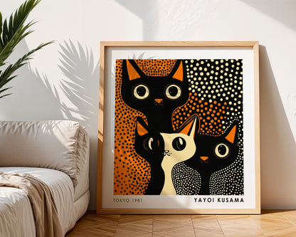 Yayoi Kusama Inspired Orange Black Cat Print | Japanese Polka Dot Wall Art