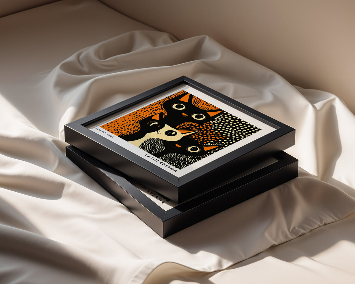 Yayoi Kusama Inspired Orange Black Cat Print | Japanese Polka Dot Wall Art