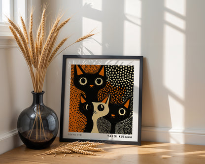 Yayoi Kusama Inspired Orange Black Cat Print | Japanese Polka Dot Wall Art