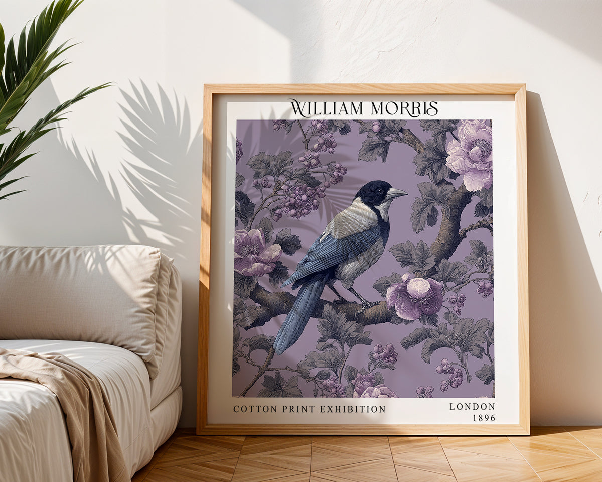William Morris Style Magpie Print – Lilac Botanical Square Wall Art